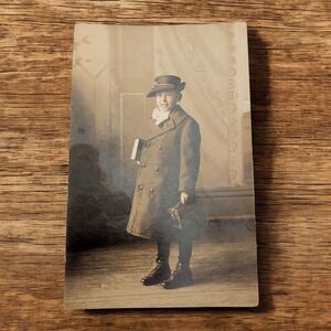 Vintage Photo 1900s To School or To the Office? Best Dressed Boy Coat Hat Lunch